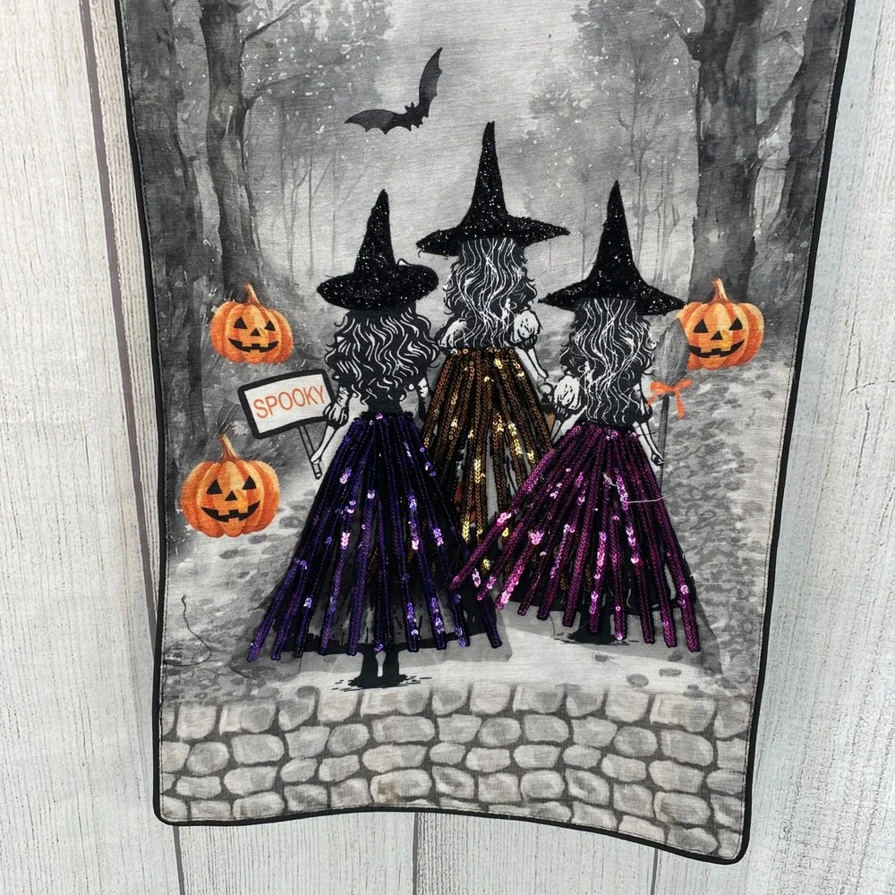Rachel Zoe Table Runner Halloween 16x72 Gray Witches Sequins Pumpkins Bats Owl